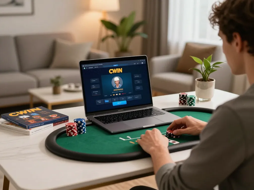 CWIN player enjoying a strategic online poker game in a cozy home environment.