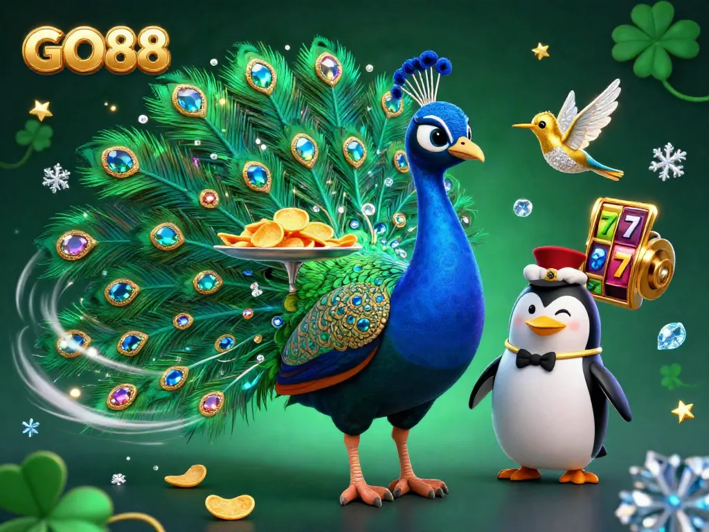 Experience GO88's opulent gaming world with gems and golden tokens illustrated in 3D.