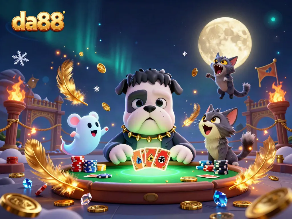 da88 showcases a lively scene with a Frankenstein bulldog and other characters engaging in thrilling casino games.