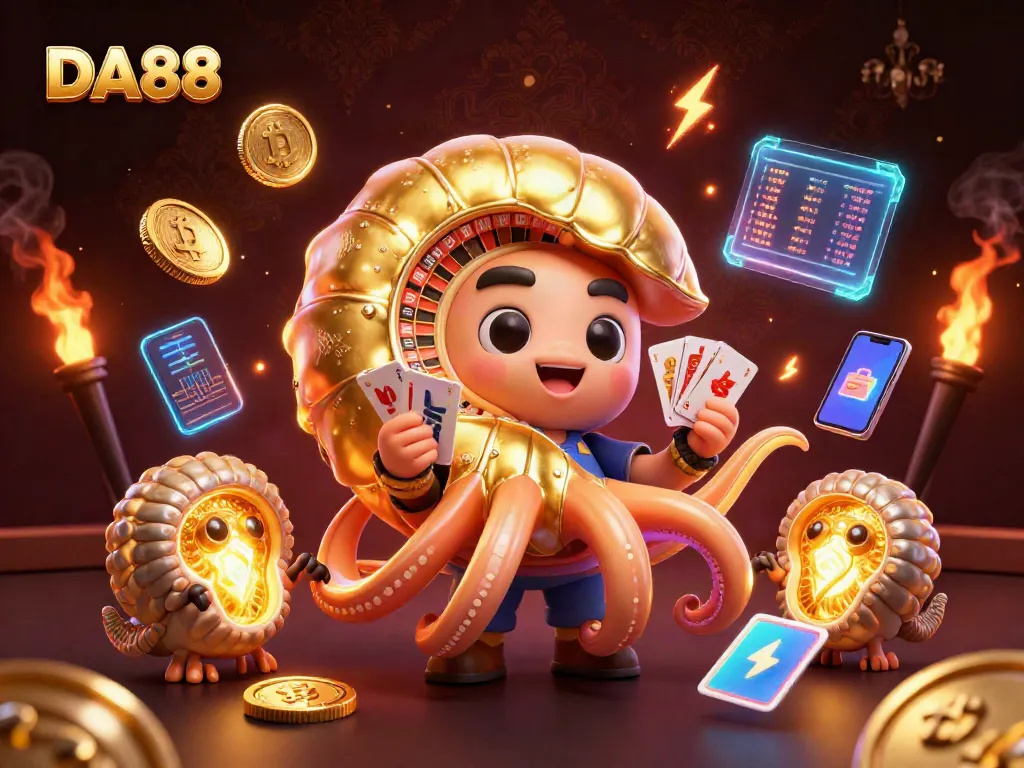 Experience thrilling games at DA88 featuring a giant nautilus and vibrant crypto elements.