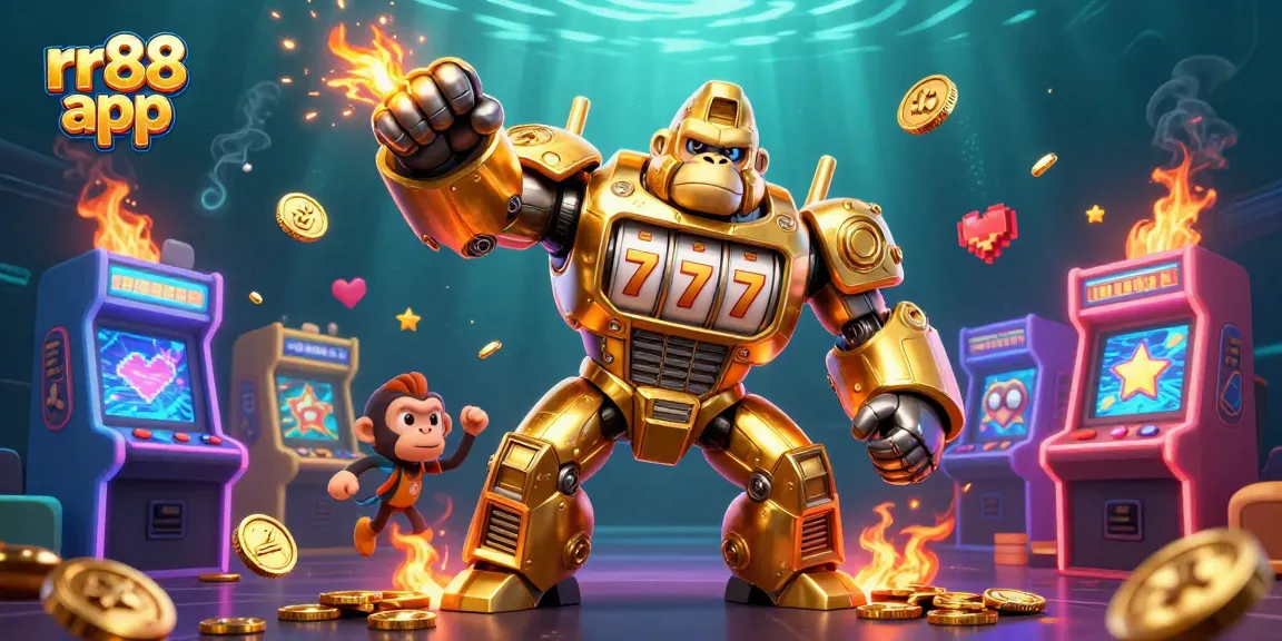 Engage with the rr88 app in a vibrant gaming scene featuring a golden gorilla mech and classic arcade machines for thrilling action.