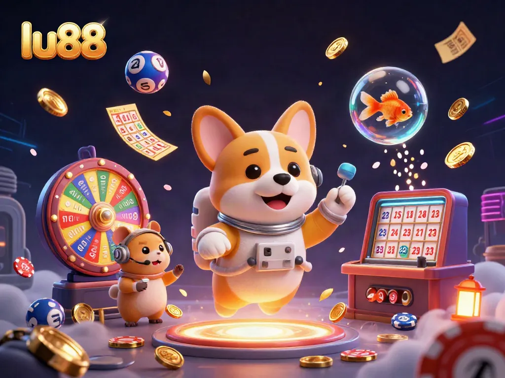 Experience the thrilling gaming atmosphere at LU88, with a vibrant space casino scene featuring an astronaut corgi and lottery elements.