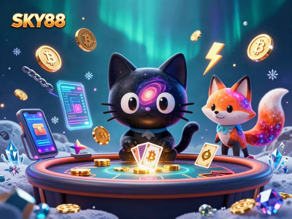 Experience the excitement of SKY88 with a cosmic gaming adventure featuring a black hole cat and colorful fox.