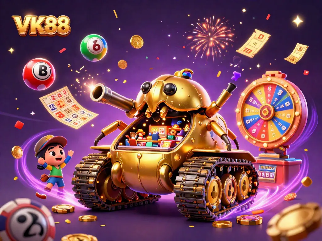 VK88 tank reveals a dynamic casino scene with lottery balls and prize elements surrounding it.