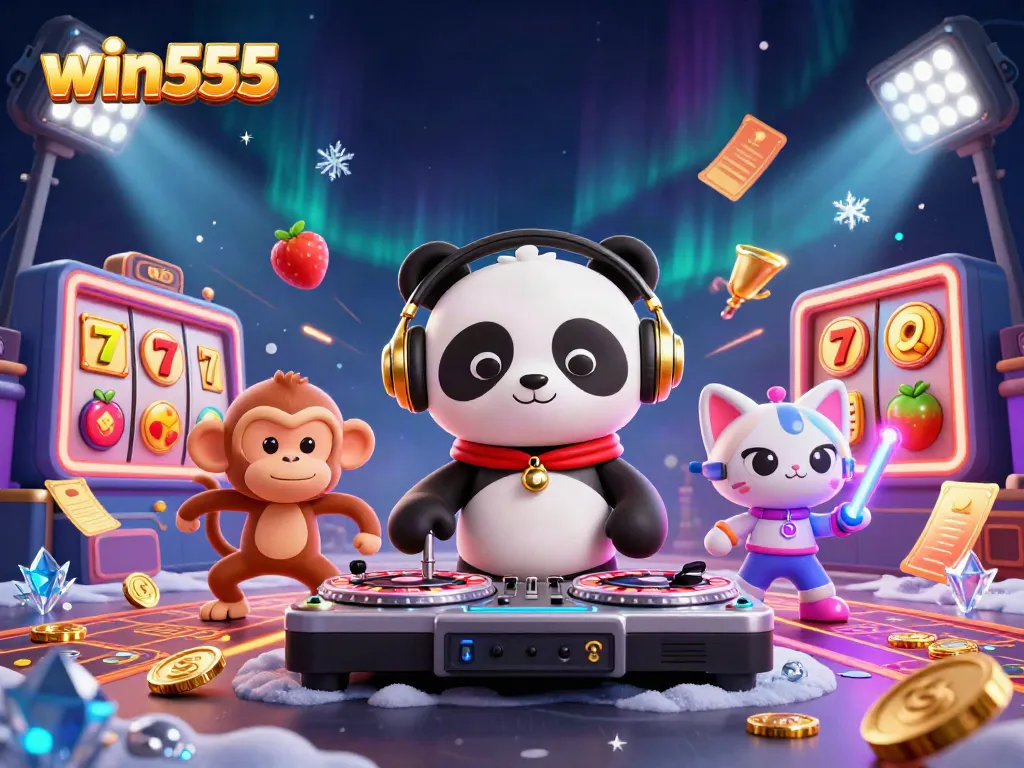 Win555 engages players with a vibrant 3D casino scene featuring a DJ panda, dancing monkey, and rave kitten.