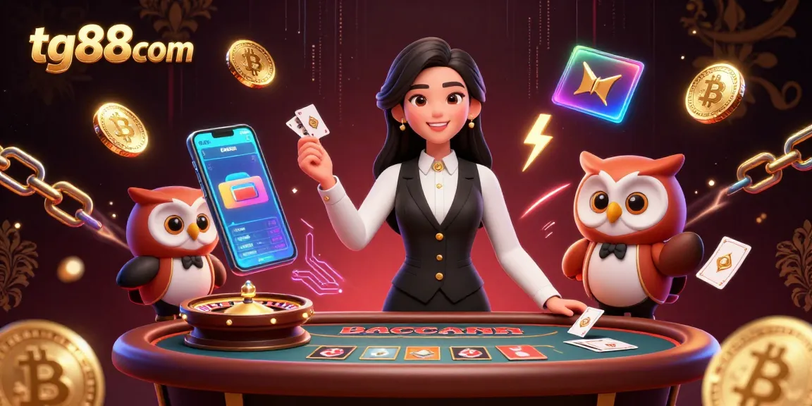 Join the excitement at tg88com with a dynamic illustration of a baccarat table and crypto elements.