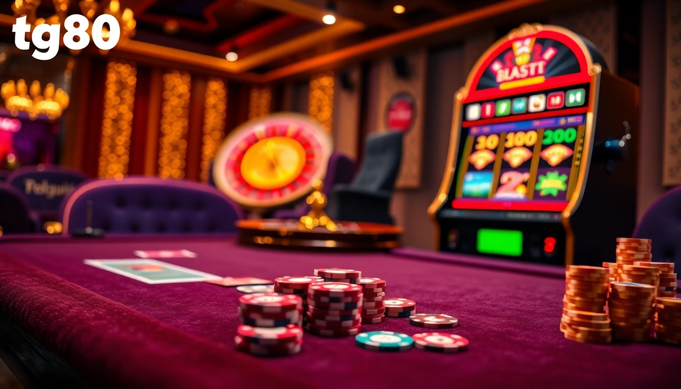 Engage with tg88 at an exciting online casino table with vibrant cards and chips.