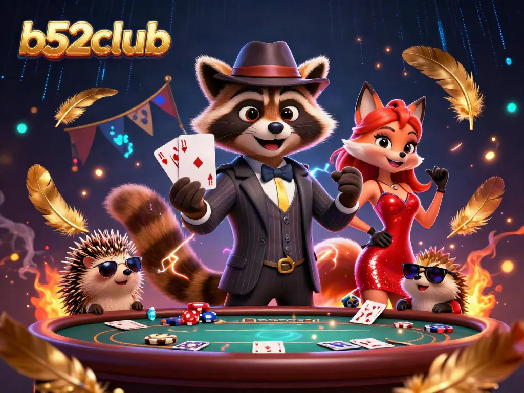 Join the b52club action with a 3D raccoon in poker attire showcasing gaming excitement.