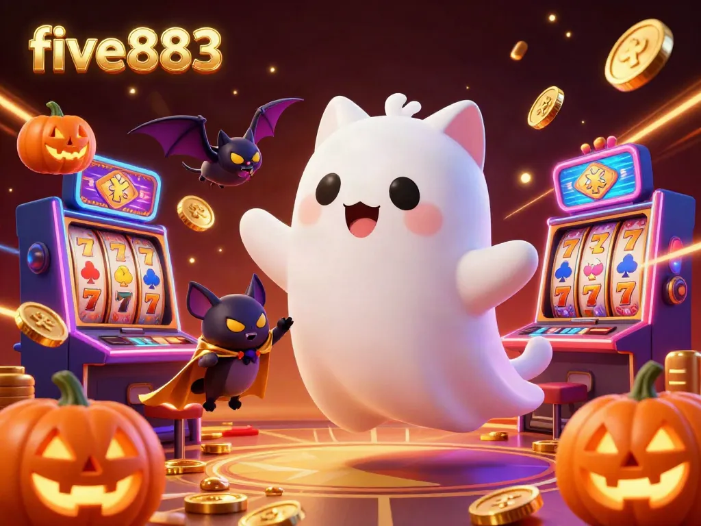 Engage in thrilling gaming experiences at five883, highlighted by a vibrant casino scene with dynamic characters and captivating neon effects.