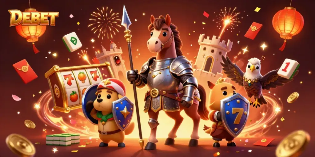 Experience thrilling slots action with DEBET's dynamic casino visual featuring medieval knight and lucky elements.
