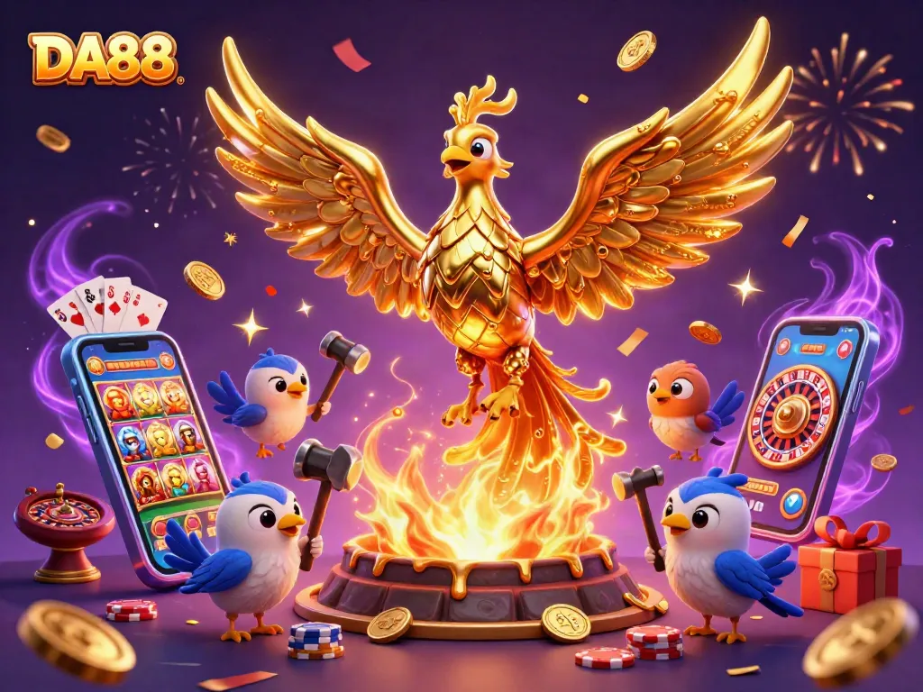 DA88 players enjoy dynamic gaming with a golden phoenix amidst celebrations and exciting casino elements.