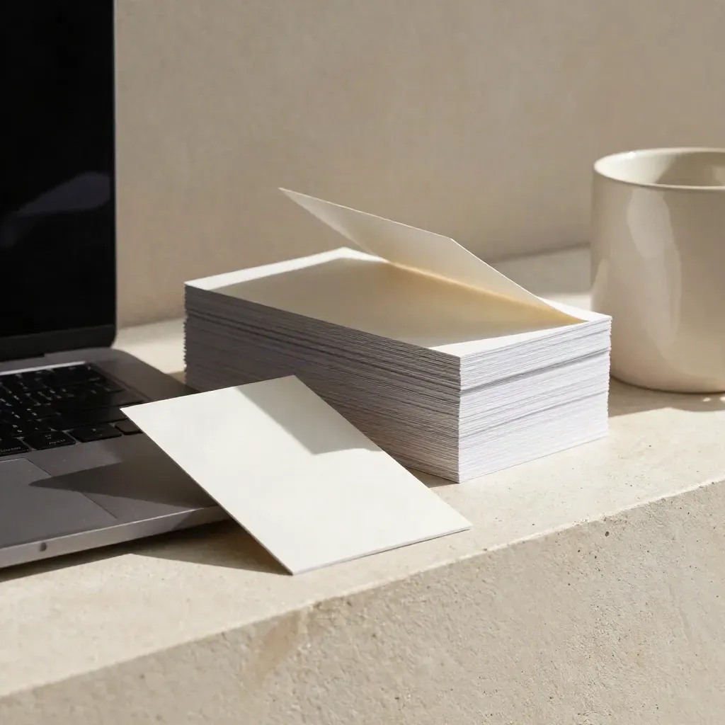 Carte web impaginate con laptop chiuso e tazza su mensola in gesso, in lieve movimento.