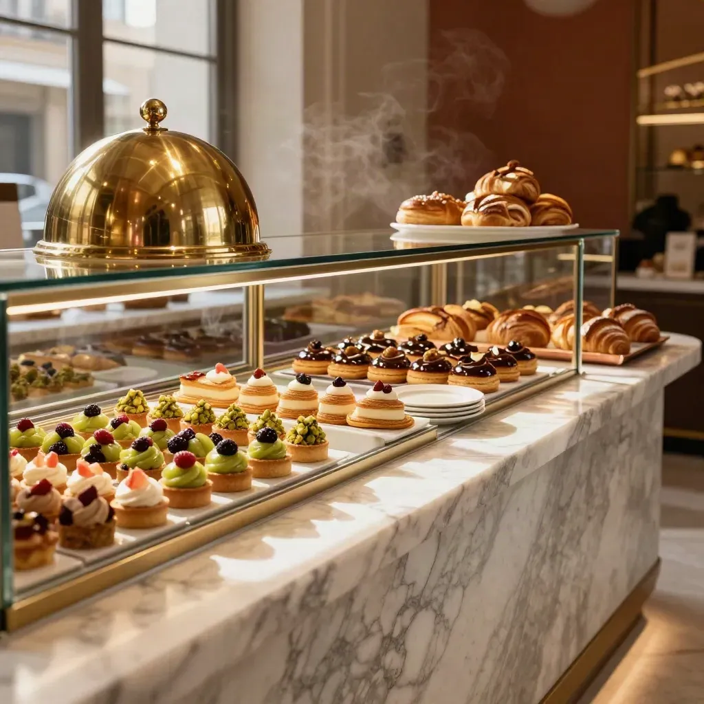 Pasticceria milanese rinnovata con banco in marmo, cupola in ottone e dolci esposti alla luce calda