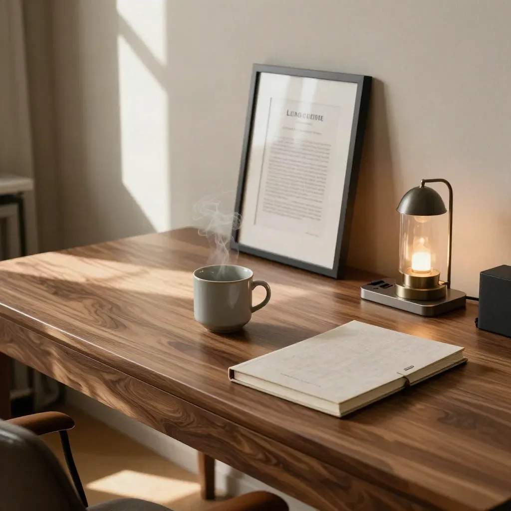 Ufficio domestico caldo con prova landing page incorniciata, taccuino chiuso, tazza in ceramica e lampada.