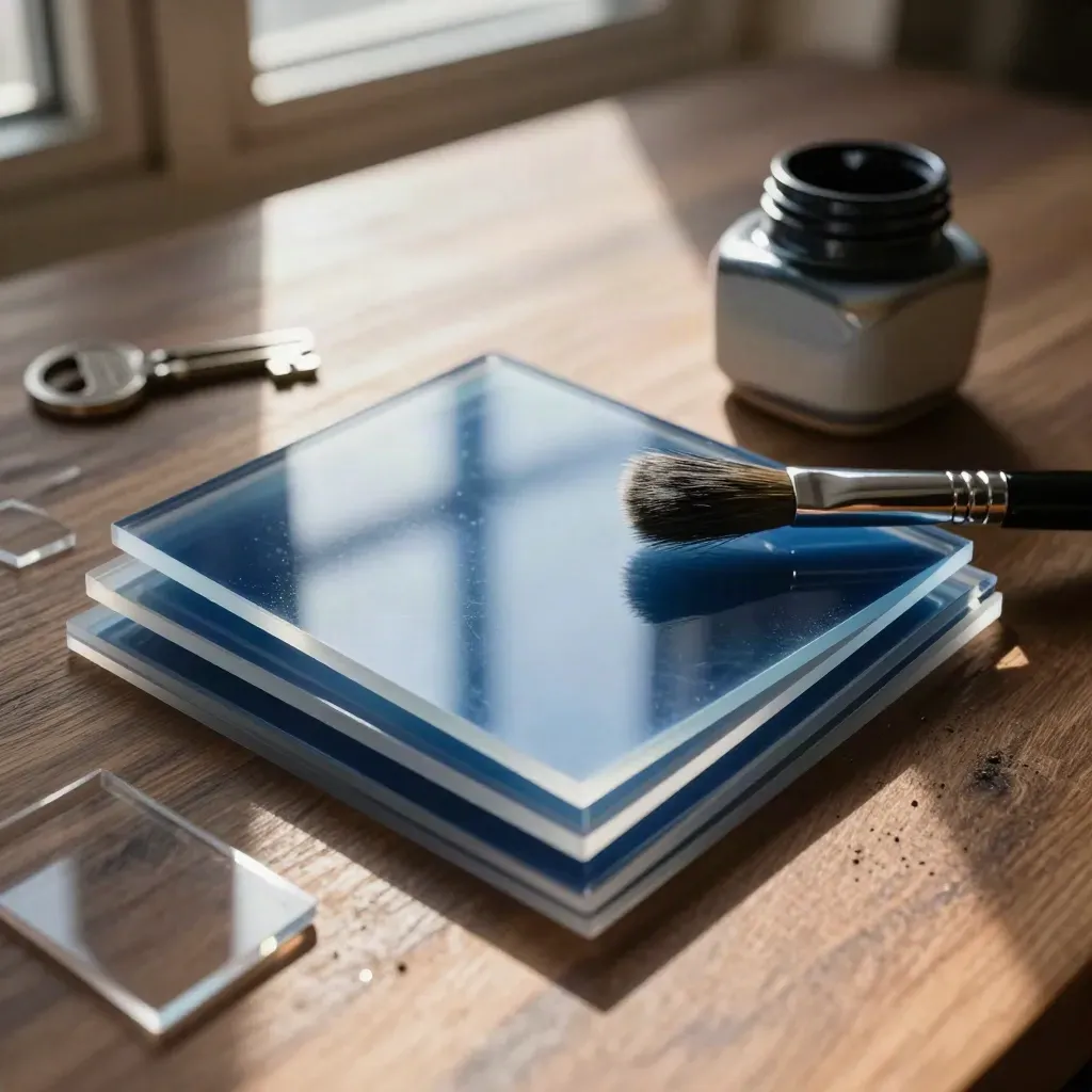 Mockup in acetato, pennello fine e coppa d’inchiostro su noce, luce drammatica.