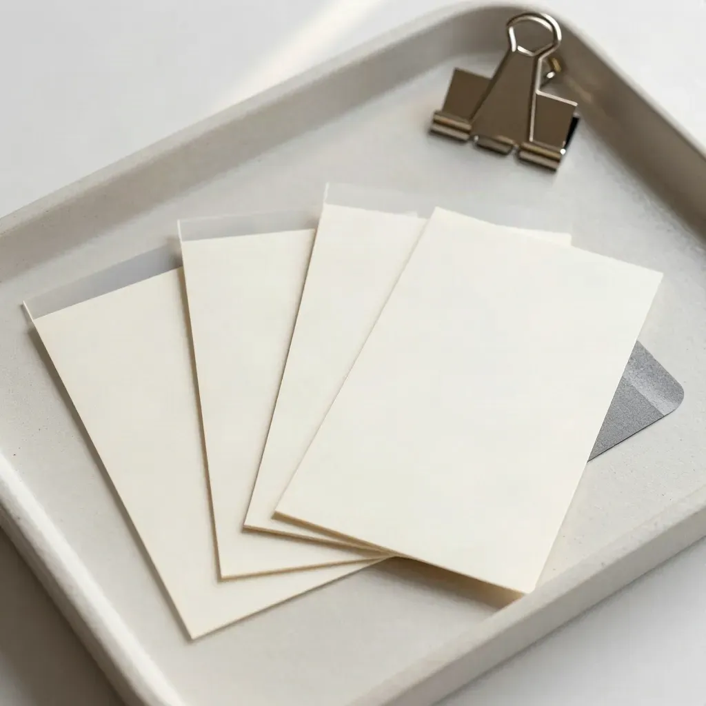 Flat lay dall’alto con card timeline, alette in acetato e clip metallica su vassoio in gesso.