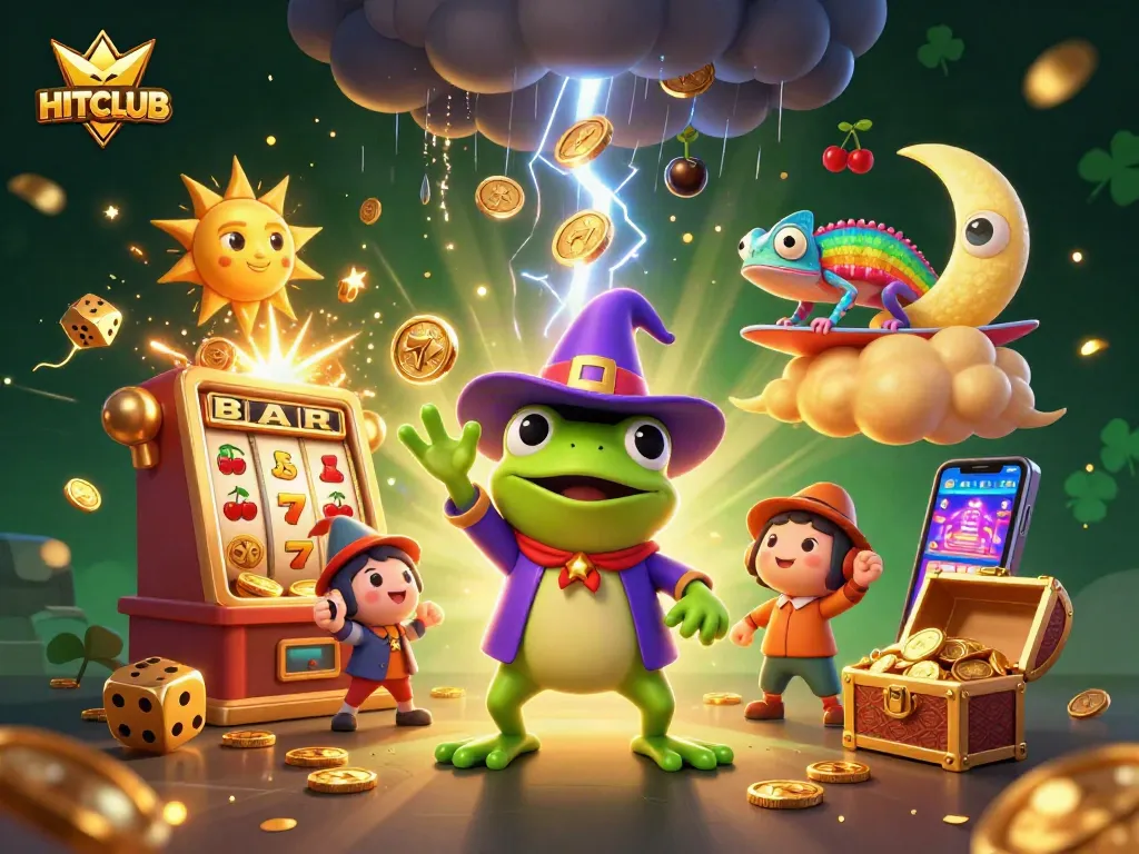 Experience HITCLUB's financial excitement with a magical scene of a storm of coins and vibrant casino elements.