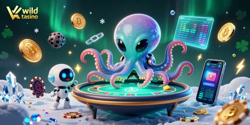 Engage at wild tokyo casino with an alien octopus and video poker thrills in a vivid illustration.