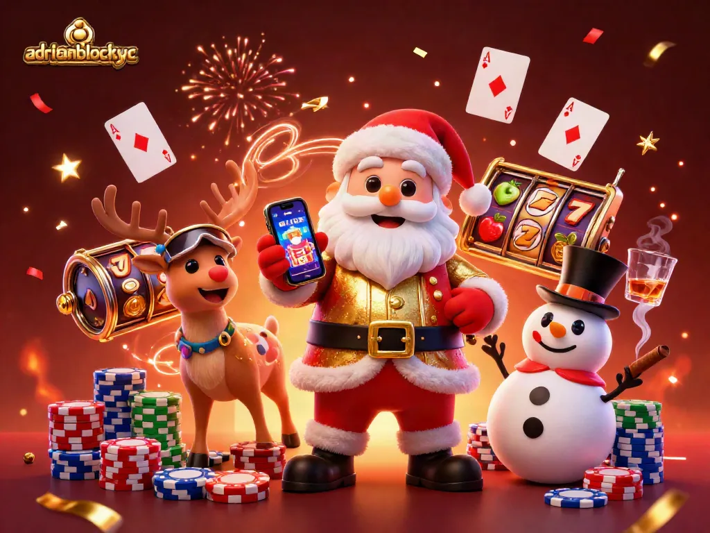 Celebrate jackpots at adriaenblocknyc with Santa, reindeer, and snowman in festive casino scene.
