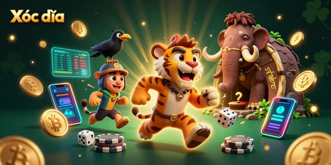 Xóc đĩa game scene with cartoon characters at a prehistoric casino, showcasing poker chips and crypto elements.