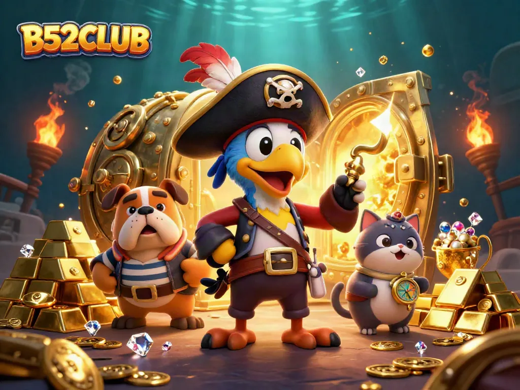 B52CLUB showcases a vibrant 3D pirate-themed casino scene with treasure and gambling action.