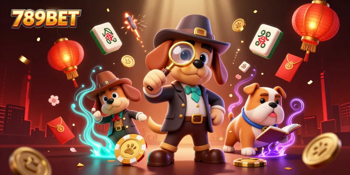 Experience thrilling gameplay with 789BET as a cartoon detective searches for poker chip clues amidst vibrant casino elements.