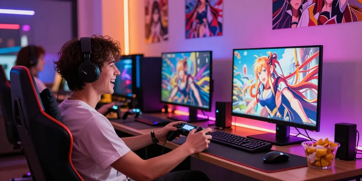 Enthusiastic players enjoying a hentai game on modern gaming setup with anime visuals.