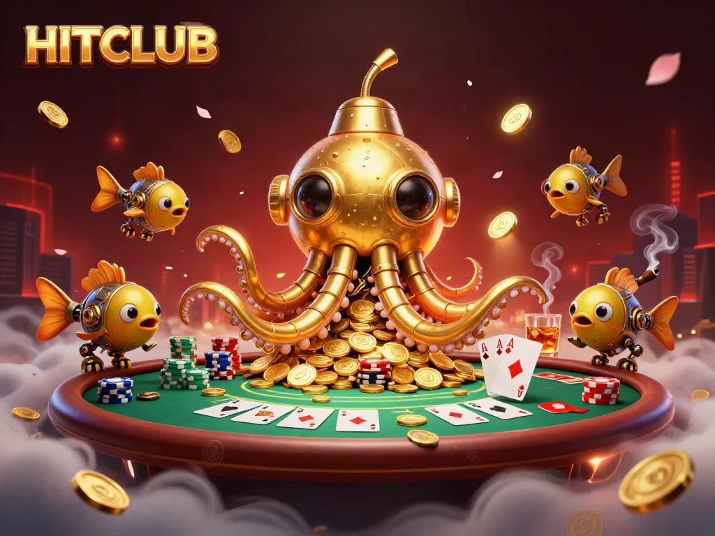 Engage with HITCLUB's vibrant gaming underworld featuring a golden kraken submarine and poker elements.
