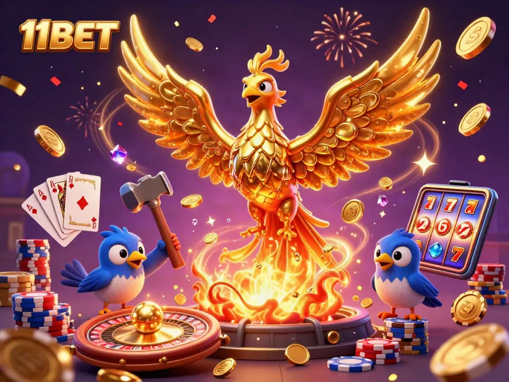 Engage with 11BET's thrilling gaming experience featuring a phoenix and blacksmith sparrows amidst vibrant casino elements.