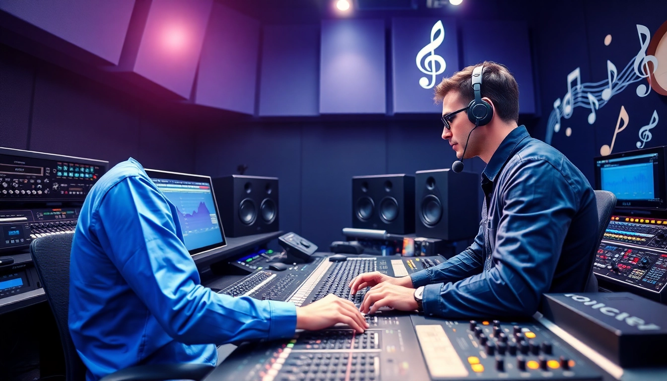 Engaging scene of online audio mastering in a professional studio setup.