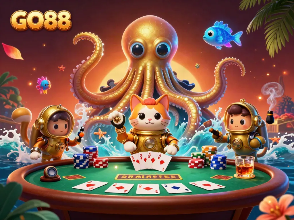 Experience the excitement at GO88 with a vibrant 3D casino scene featuring thrilling poker elements.