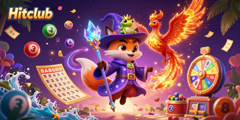 Immerse in Hitclub with vibrant lottery elements and a mystical fox wizard illustration.