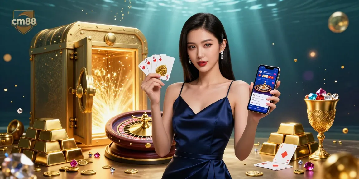 Experience the excitement of cm88 with a stunning Asian woman at a luxurious casino scene.