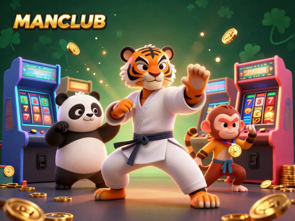 Experience exciting gaming at MANCLUB with a vibrant scene showcasing a kung fu tiger, a panda, and a playful monkey in a casino setting.