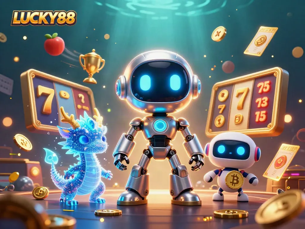Experience winning with LUCKY88's vibrant 3D illustration of a cyberpunk casino world.