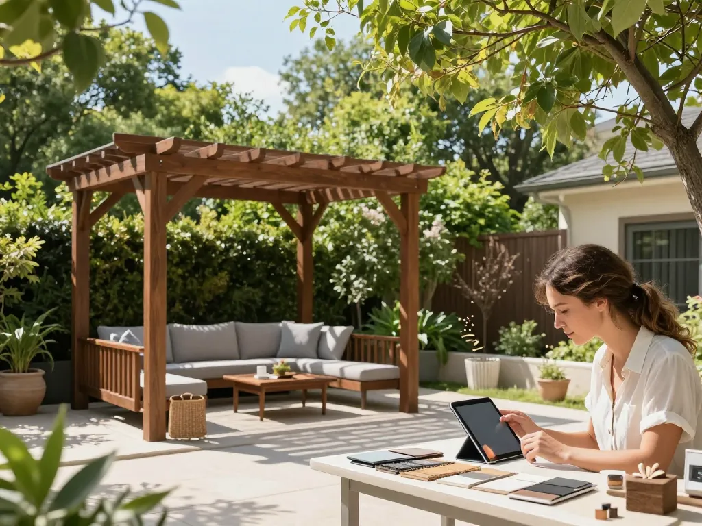 Donna che utilizza il software configuratore pergole per progettare una pergola personalizzata all'aperto con vegetazione vivace e luce naturale.