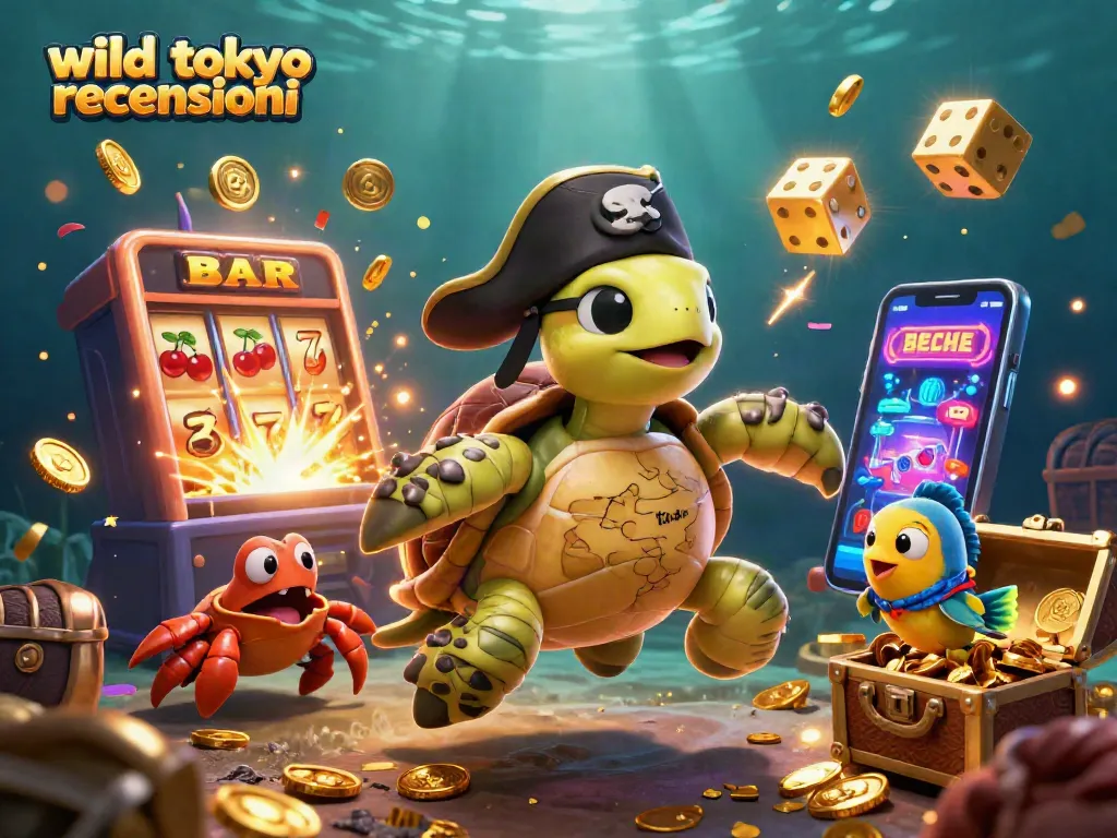 Spin to win at Wild Tokyo recensioni with a vibrant scene featuring a pirate turtle, treasure, and casino thrills.