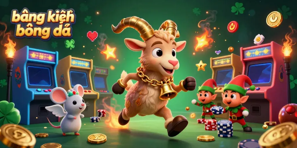 Engaging illustration depicting bảng xếp hạng bóng đá with a festive Krampus goat and mischievous elf gremlins in an exciting casino setting.