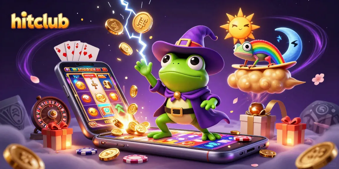 Hitclub's magical gaming world, where a weather wizard frog unleashes golden coins amidst vibrant casino elements.
