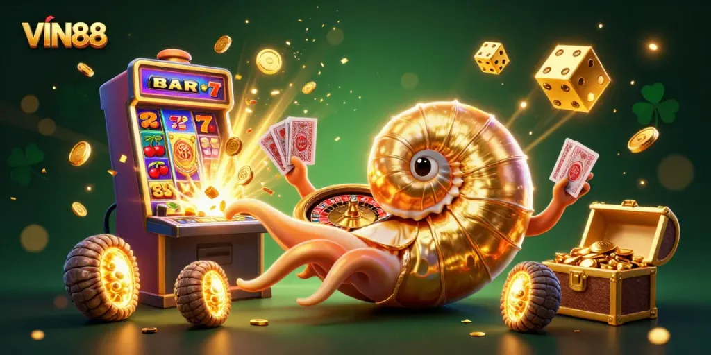Experience excitement with VIN88 as 3D nautilus and casino elements light up the scene.