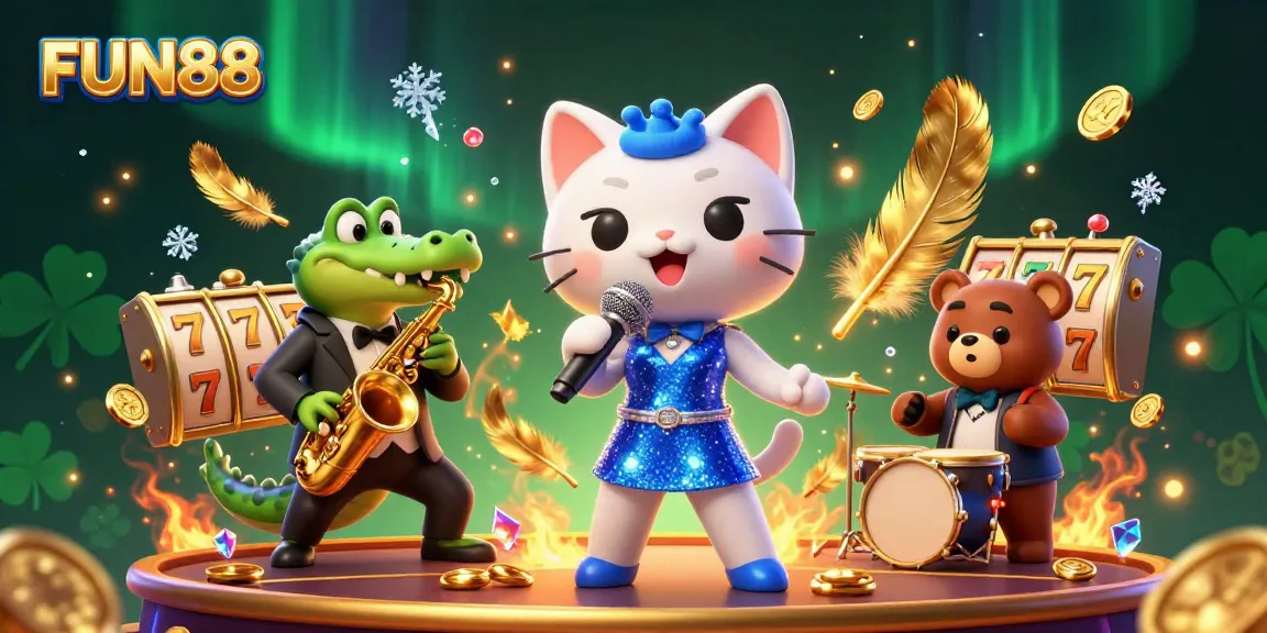 Experience the excitement of FUN88 with animated casino characters performing amidst vibrant gaming elements.