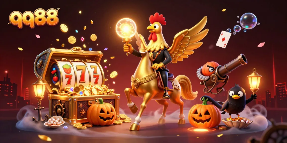 Bet on qq88 with excitement, featuring a golden rooster in a vibrant casino scene
