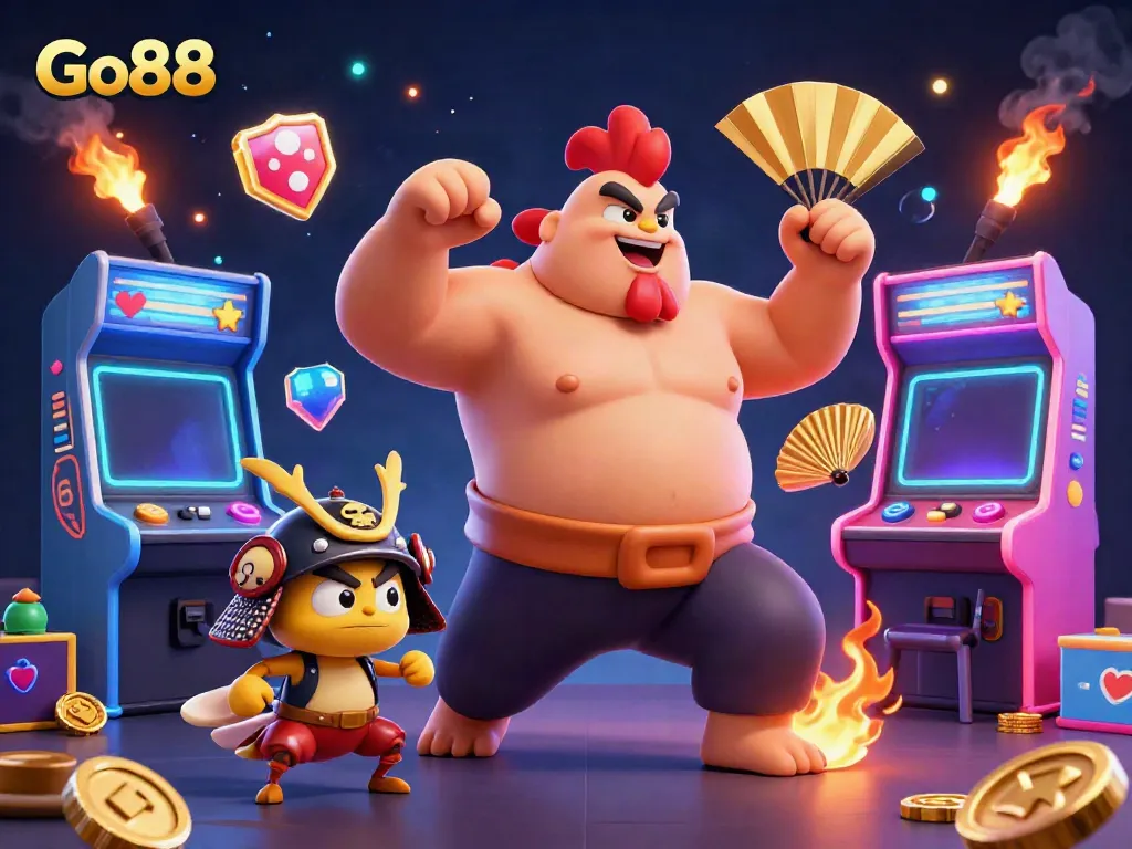Engage with Go88's thrilling gaming adventure featuring a powerful sumo wrestler and dynamic arcade elements.
