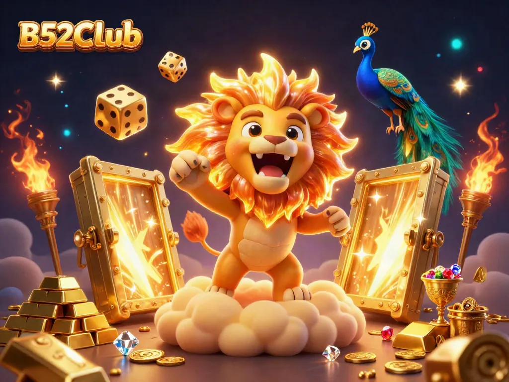 B52CLub casino illustration showcasing a roaring lion, golden dice, and treasure elements in a vibrant scene