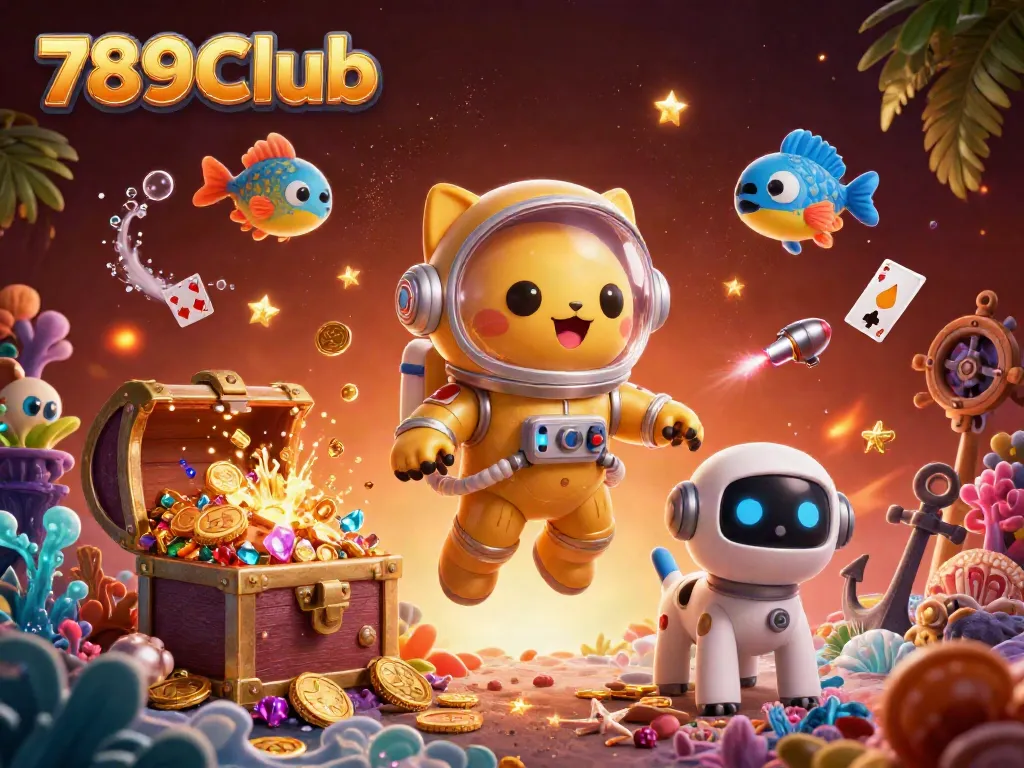 Experience the thrilling world of 789Club with dynamic gaming elements and characters in a vibrant casino scene.