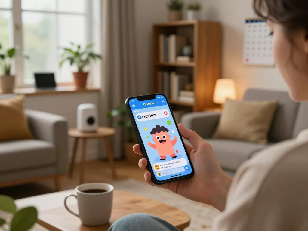 Engaging chat with Crushon AI character in a cozy home setting, showcasing interactive technology.