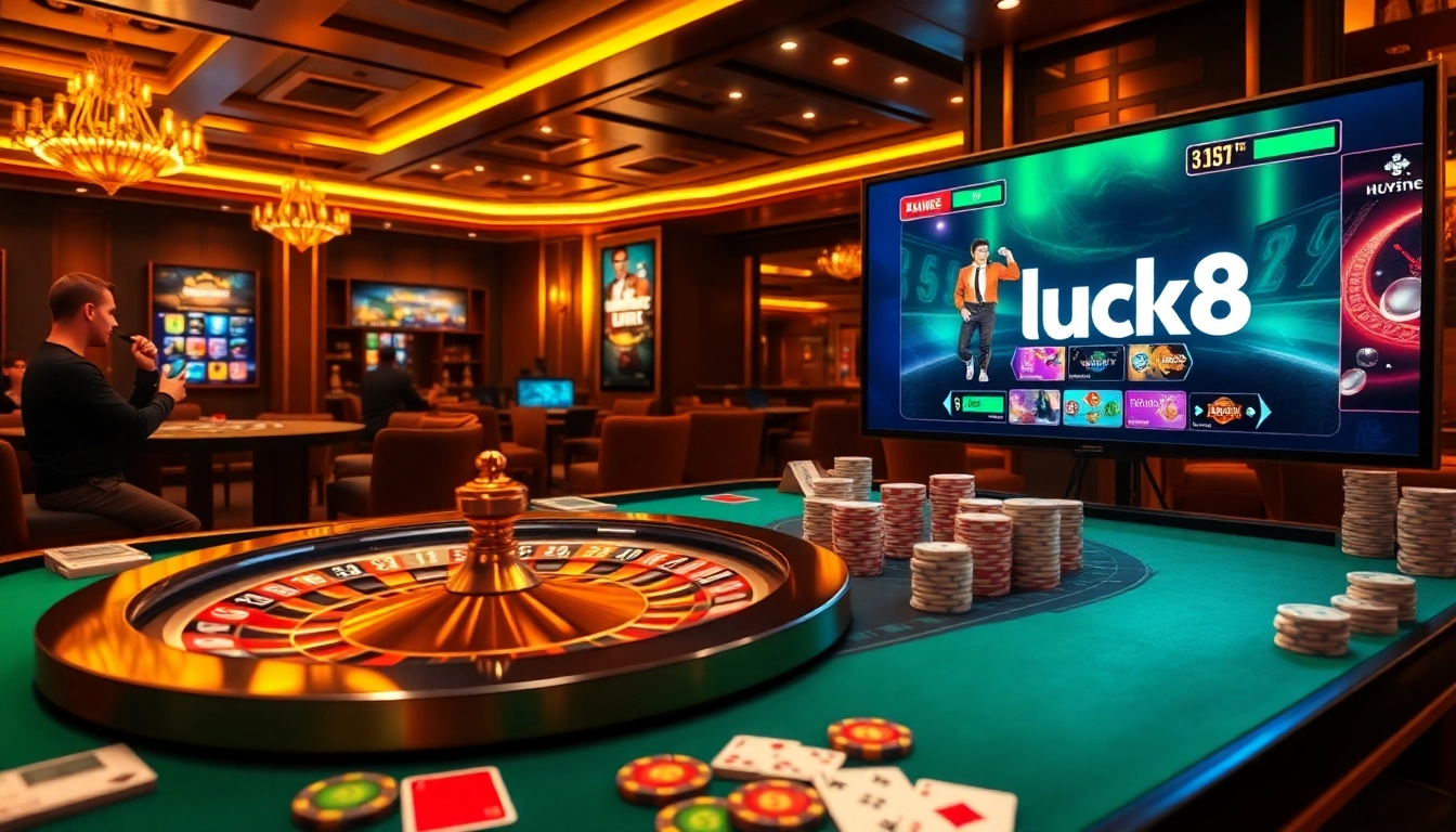 Experience the thrill of online gaming with luck8 at a vibrant casino table featuring roulette and poker chips.