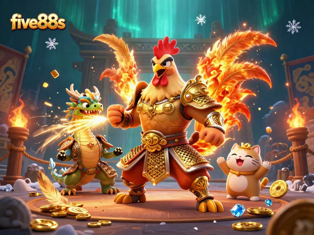 Join the excitement at five88s with the powerful fighting rooster warrior and dragon hatchling in a vibrant casino atmosphere.