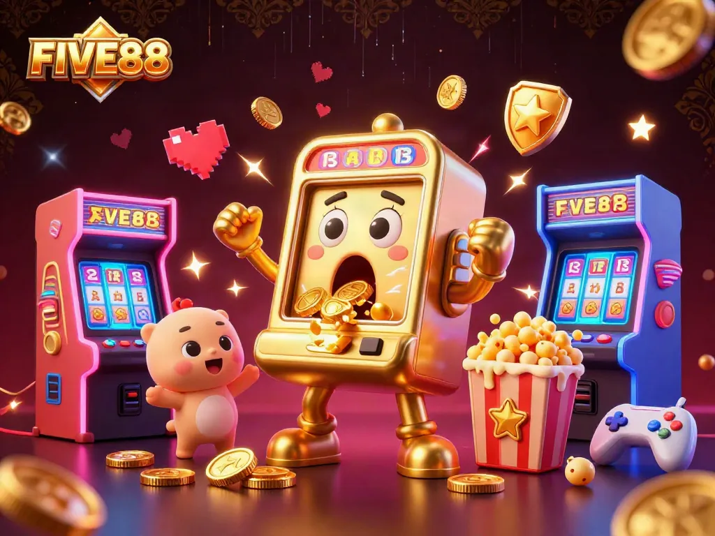Witness the exciting jackpot moment at FIVE88, where a golden slot machine rejoices amidst a vibrant casino atmosphere.