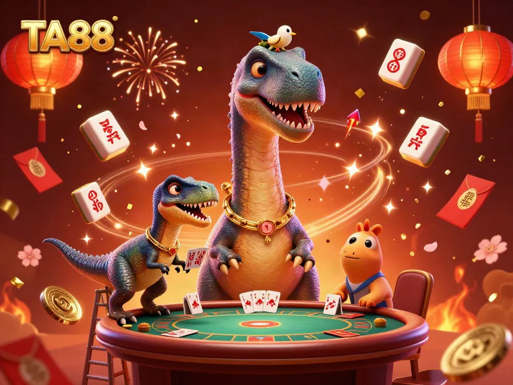 Experience thrilling casino action with TA88, showing a 3D brontosaurus and clever raptor among vibrant gaming elements.